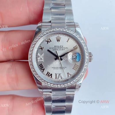  Swiss Replica Rolex Datejust Stainless Steel Silver Dial Diamond Watch 36mm